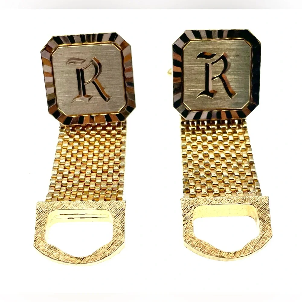 Vintage Cufflinks Wraparound Chain Mesh Monogram R Letter Gold Tone Signed 70s